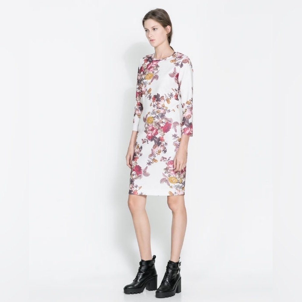 🔥 (5for$35) ZARA Bodycon Raw Hem 3-QUART Sleeve Mini Dress Off White Floral